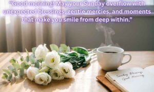 Sunday Blessings Good Morning Image: “Good morning! May your Sunday overflow with unexpected blessings, gentle mercies, and moments that make you smile from deep within.”