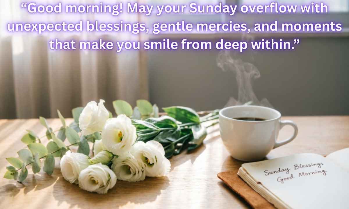 Sunday Blessings Good Morning Image: “Good morning! May your Sunday overflow with unexpected blessings, gentle mercies, and moments that make you smile from deep within.”