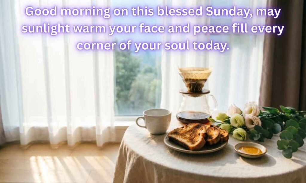 Beautiful Sunday Morning Blessings Image:
This blessing is written in the image"Good morning on this blessed Sunday, may sunlight warm your face and peace fill every corner of your soul today."
