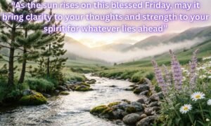 Friday Blessings and Prayers Image: “As the sun rises on this blessed Friday, may it bring clarity to your thoughts and strength to your spirit for whatever lies ahead”