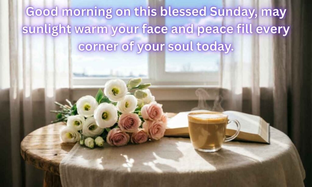 Sunday Blessings Image:
The blessing written in the image is "Good morning on this blessed Sunday, may sunlight warm your face and peace fill every corner of your soul today."
