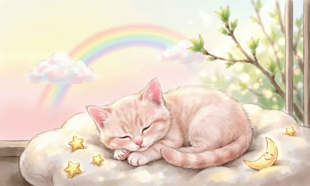 Cute Good Morning Monday Blessings Image where a cat is resting and behind is a beautiful rainbow in background.