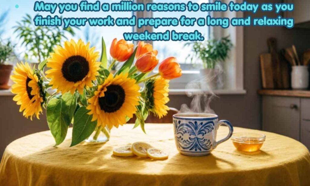 Happy friday blessings Image:
May you find a million reasons to smile today as you finish your work and prepare for a long and relaxing weekend break.