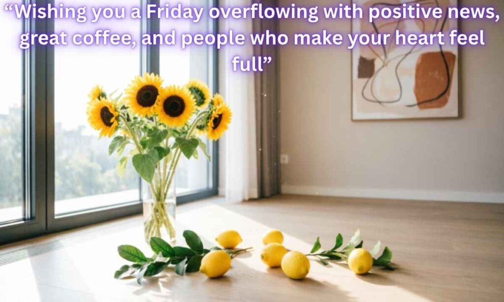 Happy Friday Blessings Image:
Wishing you a Friday overflowing with positive news, great coffee, and people who make your heart feel full.